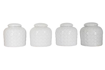 Lot 44 - A SET OF FOUR WHITE GLAZED CERAMIC GINGER JARS, CONTEMPORARY
