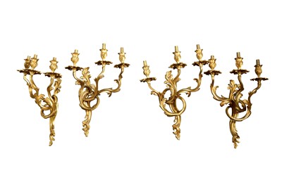 Lot 306 - A SET OF FOUR LOUIS XV GILT THREE WALL LIGHTS, 20TH CENTURY
