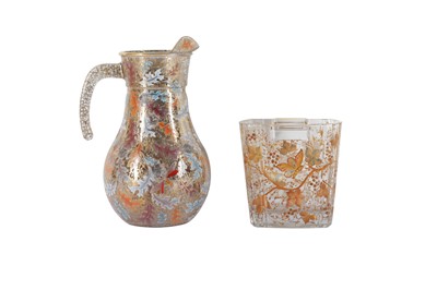 Lot 74 - A MOSER STYLE GILT AND ENAMEL DECORATED GLASS WATER JUG, 20TH CENTURY