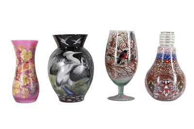 Lot 76 - A LARGE BLACK AND ENAMELLED GLASS VASE, 20TH CENTURY