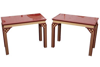 Lot 468 - A PAIR OF CHINESE TASTE RECTANGULAR RED ALD YELLOW LACQUERED TABLES, CONTEMPORARY