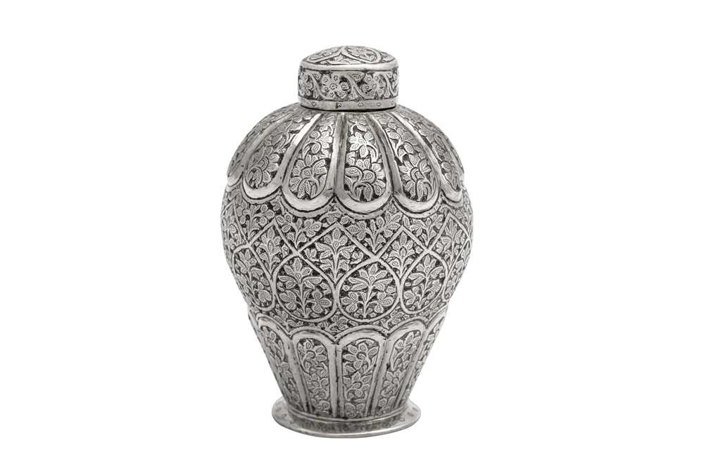 Lot 147 - A late 19th century Anglo-Indian unmarked silver tea caddy, Kashmir circa 1880