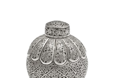 Lot 147 - A late 19th century Anglo-Indian unmarked silver tea caddy, Kashmir circa 1880