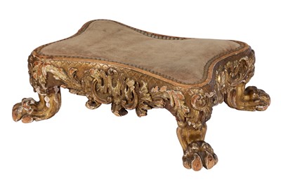 Lot 196 - AN ITALIAN GILTWOOD AND GESSO RECTANGULAR STOOL, 19TH CENTURY