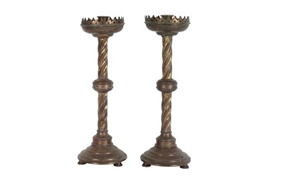 Lot 289 - A PAIR OF VICTORIAN BRASS ECCLESIASTICAL  CANDLE STICKS, 19TH CENTURY