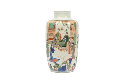 Lot 353 - A CHINESE FAMILLE VERTE FIGURATIVE ROULEAU VASE.