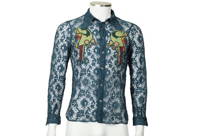 Lot 57 - Gucci Teal Lace Parrot Applique Shirt - Size 44