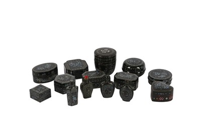 Lot 736 - TEN CHINESE LAQUE BURGAUTE BOXES AND COVERS AND FOUR SNUFF BOTTLES.