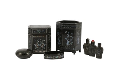 Lot 732 - FOUR CHINESE LAQUE BURGAUTE BOXES, THREE COVERS AND THREE SNUFF BOTTLES.