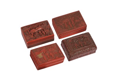 Lot 741 - FOUR CHINESE RECTANGULAR CINNABAR LACQUER BOXES AND COVERS.