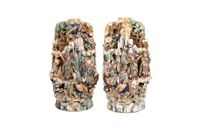 Lot 473 - A PAIR OF MASSIVE CHINESE SHIWAN GLAZED POTTERY GROUPS.