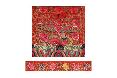 Lot 719 - TWO CHINESE EMBROIDERED RED-GROUND TEXTILE PANELS