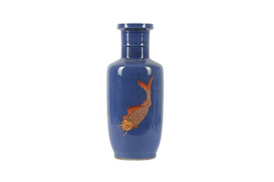 Lot 557 - A CHINESE POWDER BLUE-GROUND ROULEAU 'FISH' VASE.
