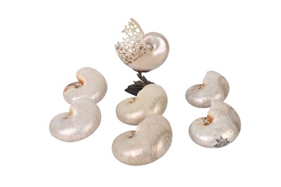 Lot 141 - THREE PAIRS OF CARVED NAUTILUS SHELLS TOGETHER WITH ANOTHER