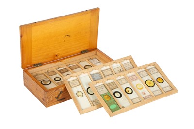 Lot 105 - A COLLECTION OF 19TH AND 20TH CENTURY SPECIMEN MICROSCOPE SLIDES IN A PINE BOX