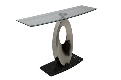 Lot 1057 - A CHROME AND MARBLE CONSOLE TABLE, CONTEMPORARY