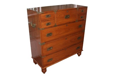 Lot 214 - AN INDIAN TEAK CAMPAIGN CHEST, 20TH CENTURY