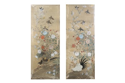 Lot 684 - A PAIR OF CHINESE EMBROIDERED AND PAINTED SILK 'BIRDS' PANELS.