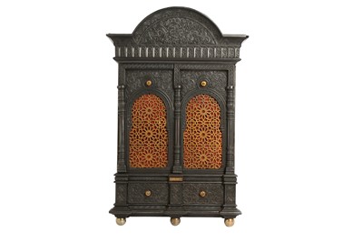 Lot 634 - AN ALHAMBRA-STYLE CAST-IRON SAFE WALL CABINET WITH A SECRET LOCK