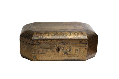 Lot 15 - A CHINESE LACQUER WOOD GILT-DECORATED 'TEA PRODUCTION' TEA CADDY.