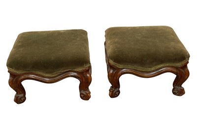 Lot 229 - A PAIR OF VICTORIAN WALNUT SQUARE FOOT STOOLS