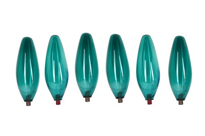 Lot 87 - A SET OF SIX TEAL GLASS LIGHT SHADES, 20TH CENTURY