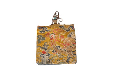 Lot 630 - A SMALL TIBETAN COPPER FLASK INCORPORATING CHINESE SILK 'DRAGON' PANELS.