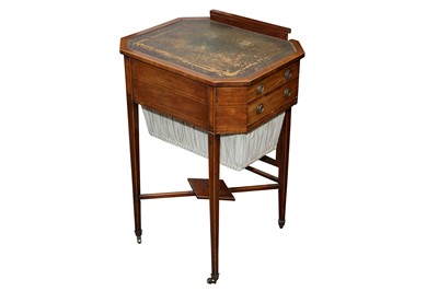 Lot 232 - A SHERATON REVIVAL MAHOGANY AND SATINWOOD INLAID SEWING OR WORK TABLE, 19TH CENTURY