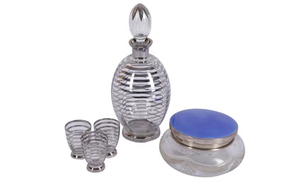 Lot 894 - A GEORGE V STERLING SILVER AND GUILLOCHE ENAMEL DRESSING TABLE JAR, BIRMINGHAM 1928 BY COHEN AND CHARLES