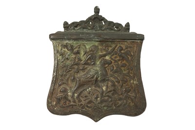 Lot 427 - A BRONZE GUNPOWDER CARTRIDGE CASE (PALASKA) WITH A RIDER ON HORSEBACK
