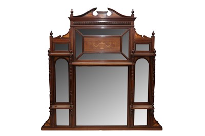 Lot 249 - A SHERATON REVIVAL MAHOGANY AND MARQUETRY INLAID OVERMANTEL MIRROR, CIRCA 1900