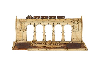 Lot 184 - AN ITALIAN WW1 PERIOD CARVED BONE AND WOOD PRISONER OF WAR MODEL OF A RAILWAY BRIDGE