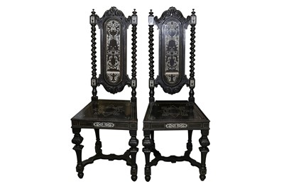 Lot 155 - A PAIR OF ITALIAN EBONISED HALL CHAIRS, 19TH CENTURY