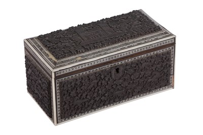 Lot 274 - A CEYLONESE EXPORT CARVED WOOD AND IVORY STATIONARY BOX, KANDY, LATE 19TH CENTURY