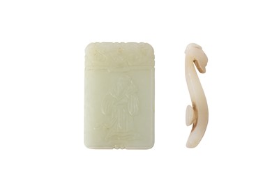 Lot 242 - A CHINESE PALE CELADON JADE PLAQUE AND A JADE 'DRAGON' BELT HOOK.