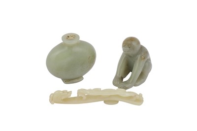 Lot 608 - THREE CHINESE PALE CELADON JADE CARVINGS.