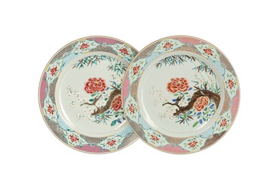 Lot 597 - A PAIR OF LARGE CHINESE FAMILLE ROSE 'FLOWERS' CHARGERS.