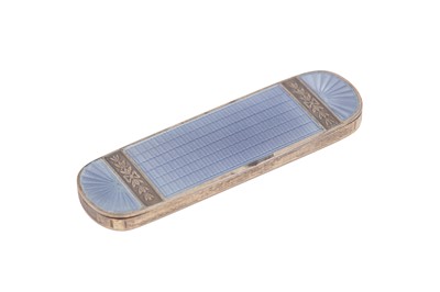 Lot 101 - An early 20th century French 950 standard silver and guilloche enamel toothpick or needle box, Paris circa 1910 by C G (device obscured)