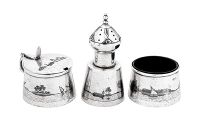 Lot 346 - An early 20th century Iraqi silver and niello three-piece cruet, Omara circa 1930 signed Khalid and Barakat