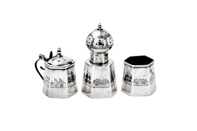 Lot 342 - An early 20th century Iraqi silver and niello three-piece cruet, circa 1930 signed Damin