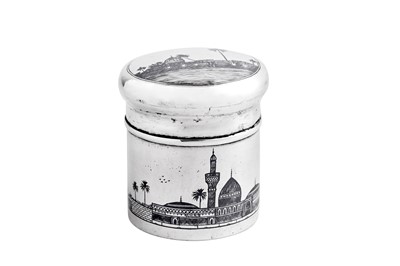Lot 357 - An early 20th century Iraqi silver and niello tobacco jar or tea caddy,  Basra circa 1930-40