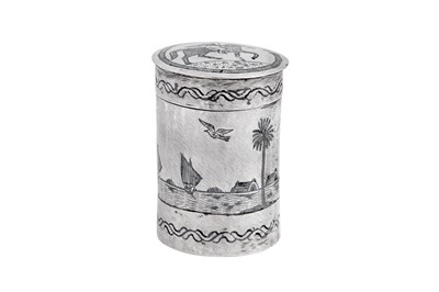 Lot 178 - A rare early 20th century Iraqi silver and niello tobacco jar or tea caddy, Nasiriyah circa 1910