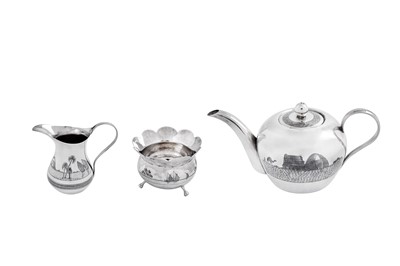 Lot 182 - A good early 20th century Iraqi silver and niello three-piece bachelor tea set, probably Basra circa 1930