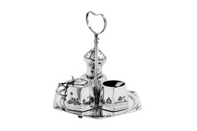 Lot 347 - An early 20th century Iraqi silver and niello cruet on stand, Basra or Omara circa 1930 signed Abdul Jabbar