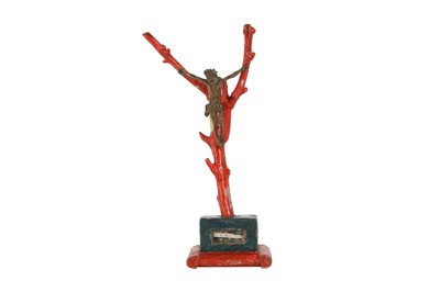 Lot 175 - A 19TH CENTURY PAINTED WOOD, FAUX CORAL AND BRONZE CRUCIFIX