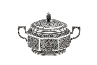 Lot 290 - An early 20th century Iranian (Persian) unmarked silver and champlevé enamel twin handled sugar bowl and cover, Isfahan circa 1920-30
