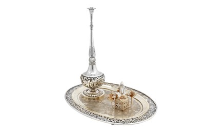 Lot 231 - An early 20th century Chinese Export silver rose water sprinkler set on tray, Canton circa 1920