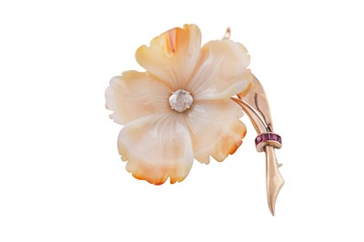 Lot 122 - An agate, ruby and diamond flower brooch, circa 1955
