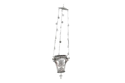 Lot 494 - A SILVER REPOUSSÉ AND OPENWORK CHRISTIAN CENSER