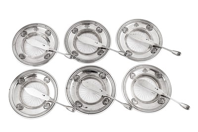 Lot 412 - A set of six early 20th century French 950 standard silver butter dishes and knives, Paris circa 1920 by Jacques Risler (reg. 19th October 1920, biff. 7th feb 1927)